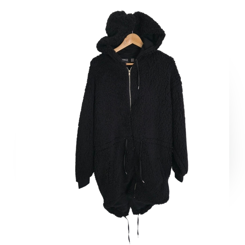 ASOS Long Borg Hooded  Jacket Coat Full Zip Black Size XS